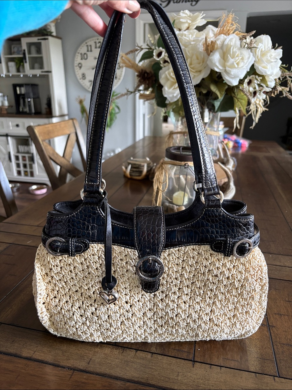 Brighton Beige Woven Shoulder Bag with Black Faux-Croc Trim